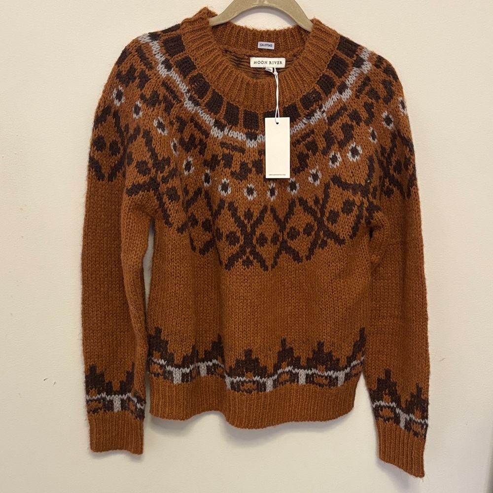 Anthropologie Moon River Brown Fair Isle Knit Pullover Sweater NWT Size S Nordic